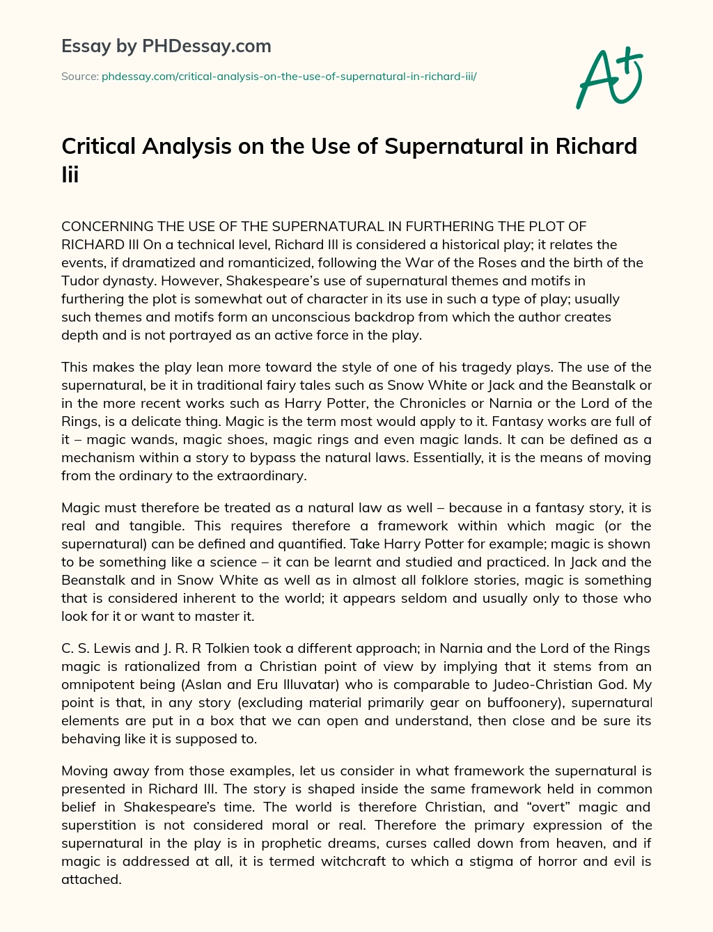 Critical Analysis on the Use of Supernatural in Richard III essay