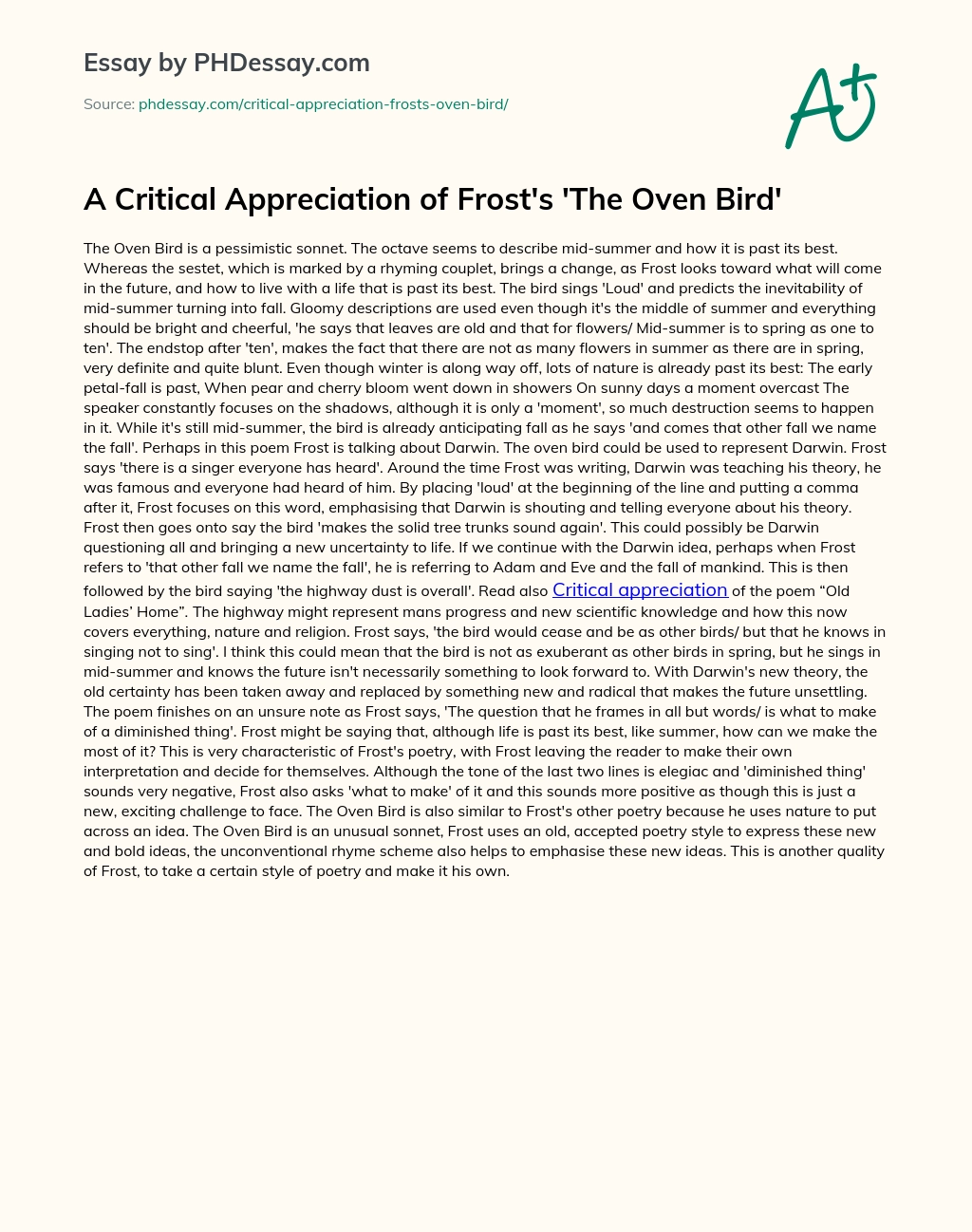 A Critical Appreciation of Frost’s ‘The Oven Bird’ essay