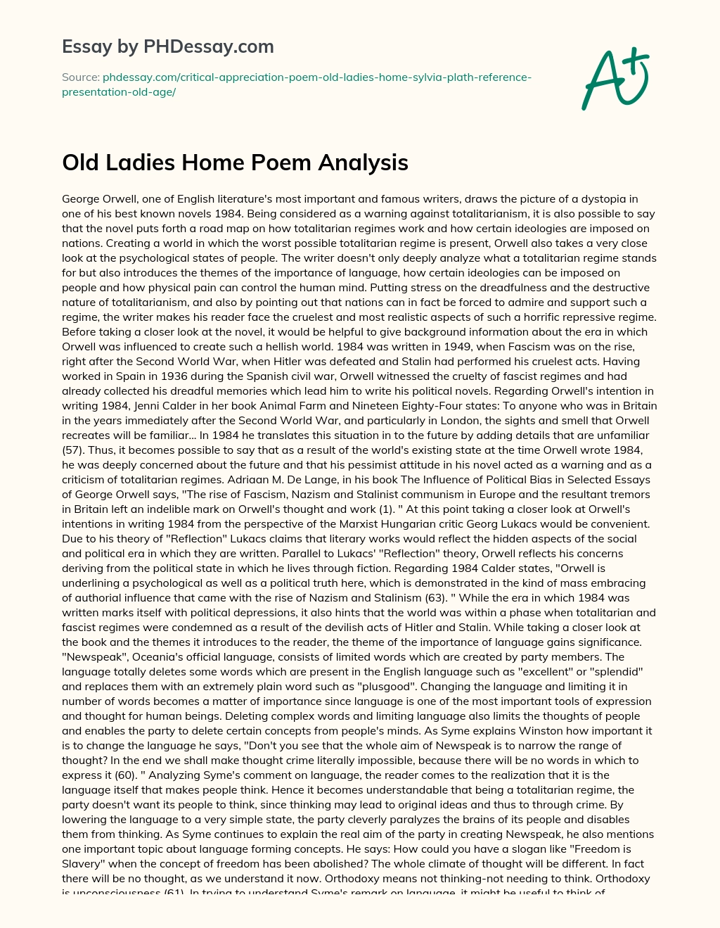 Old Ladies Home Poem Analysis essay