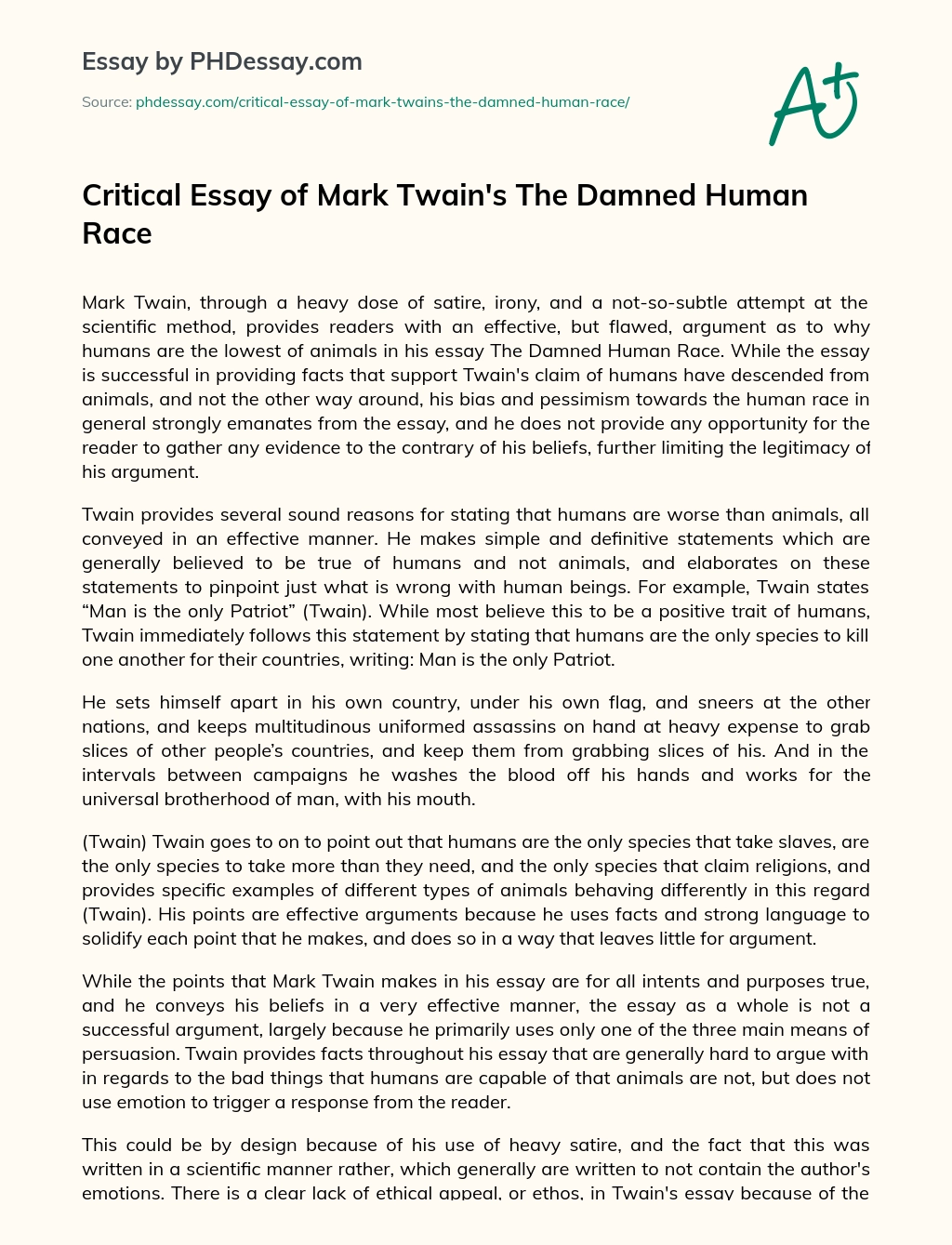 Critical Essay of Mark Twain’s The Damned Human Race essay