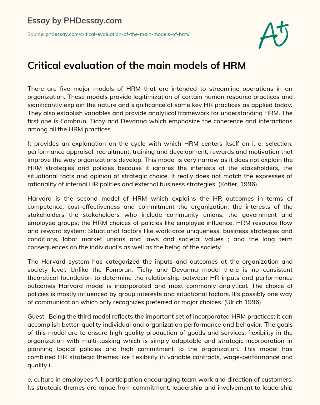 Critical evaluation of the main models of HRM essay
