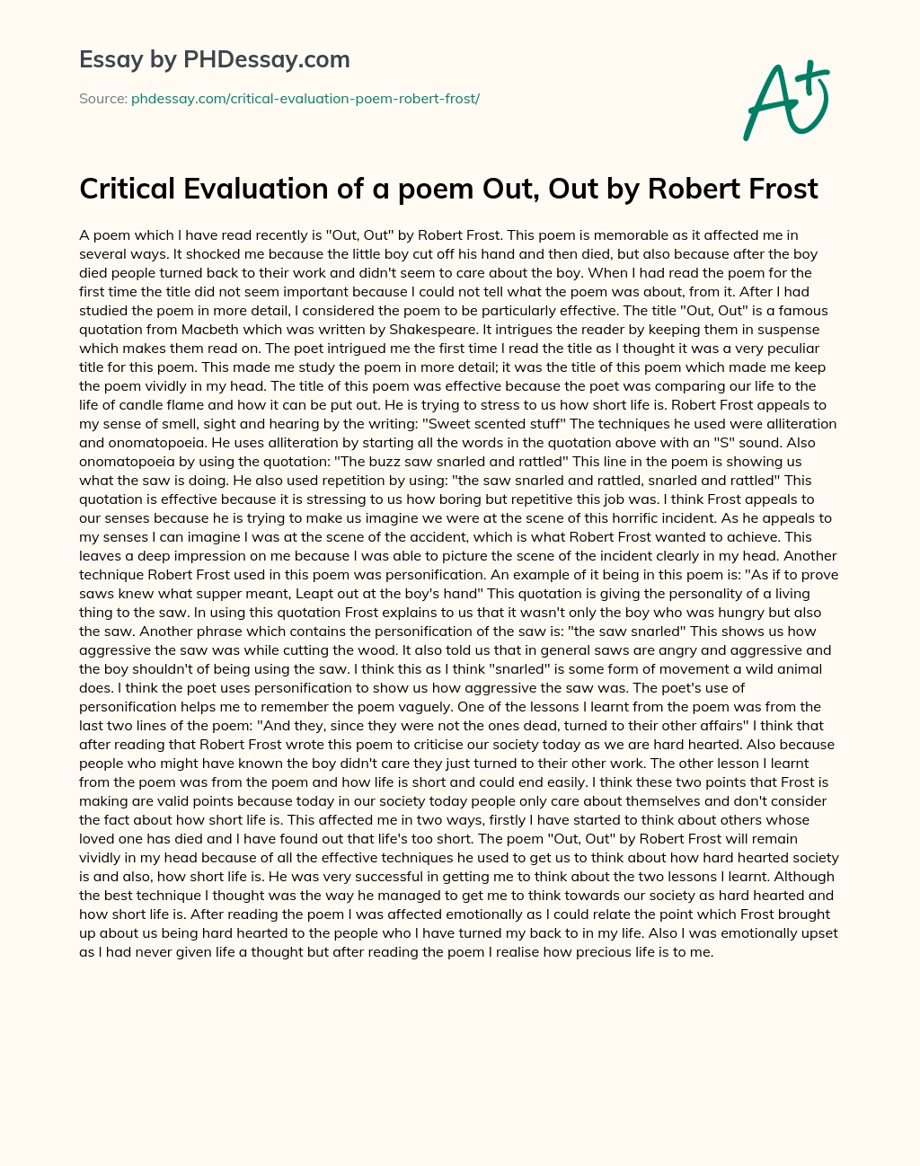Critical Evaluation of a poem Out, Out by Robert Frost essay