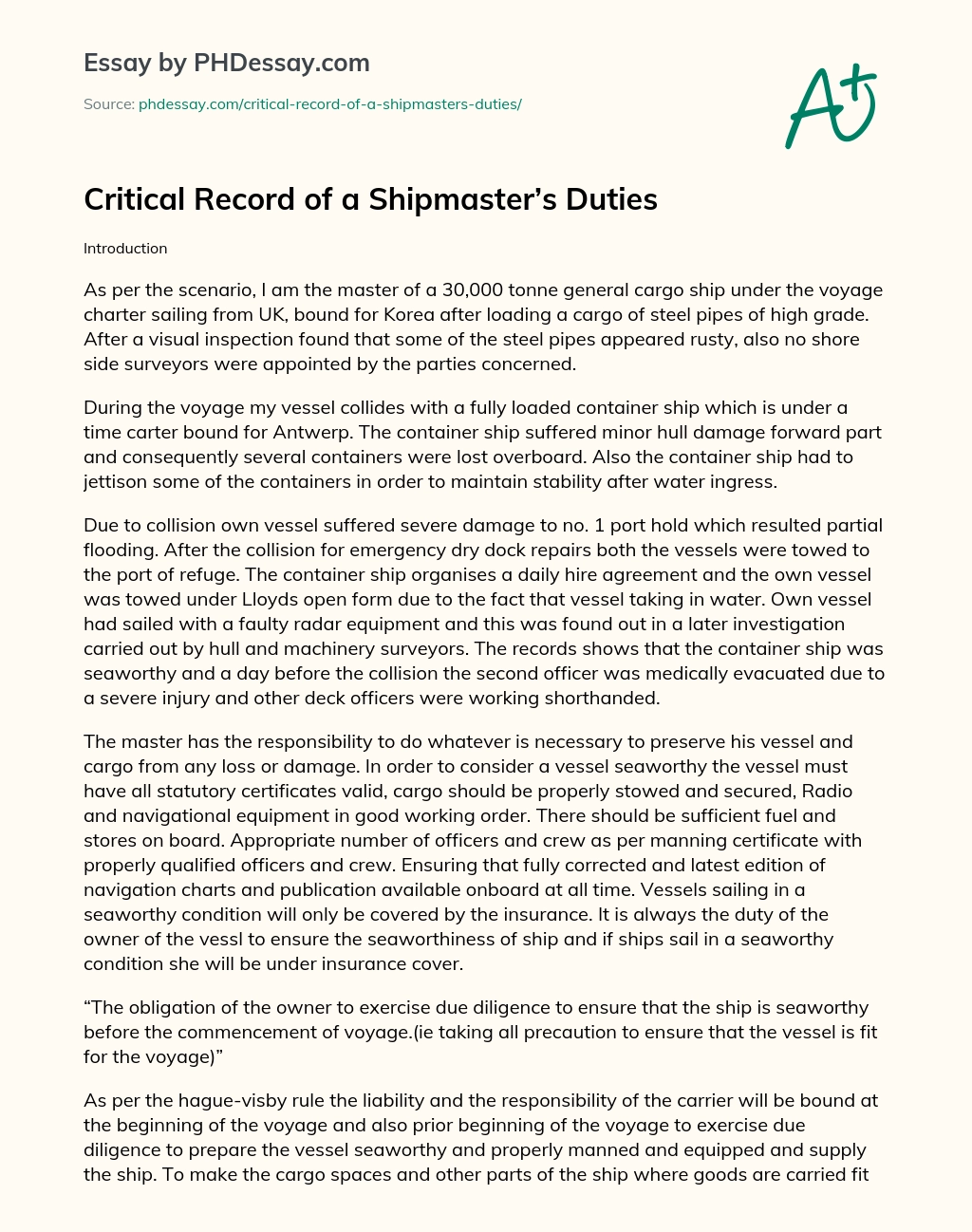 Critical Record of a Shipmaster’s Duties essay