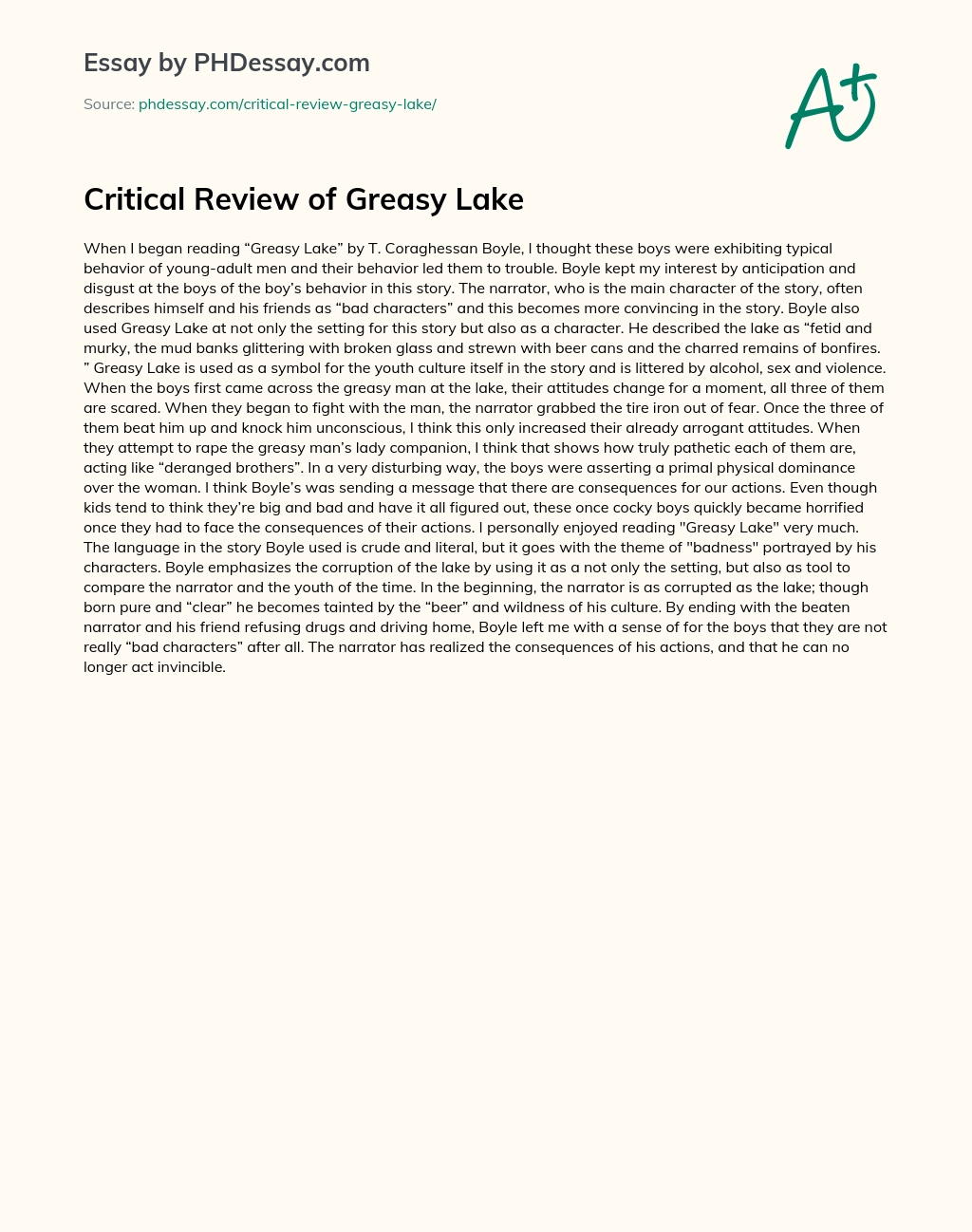 Critical Review of Greasy Lake essay