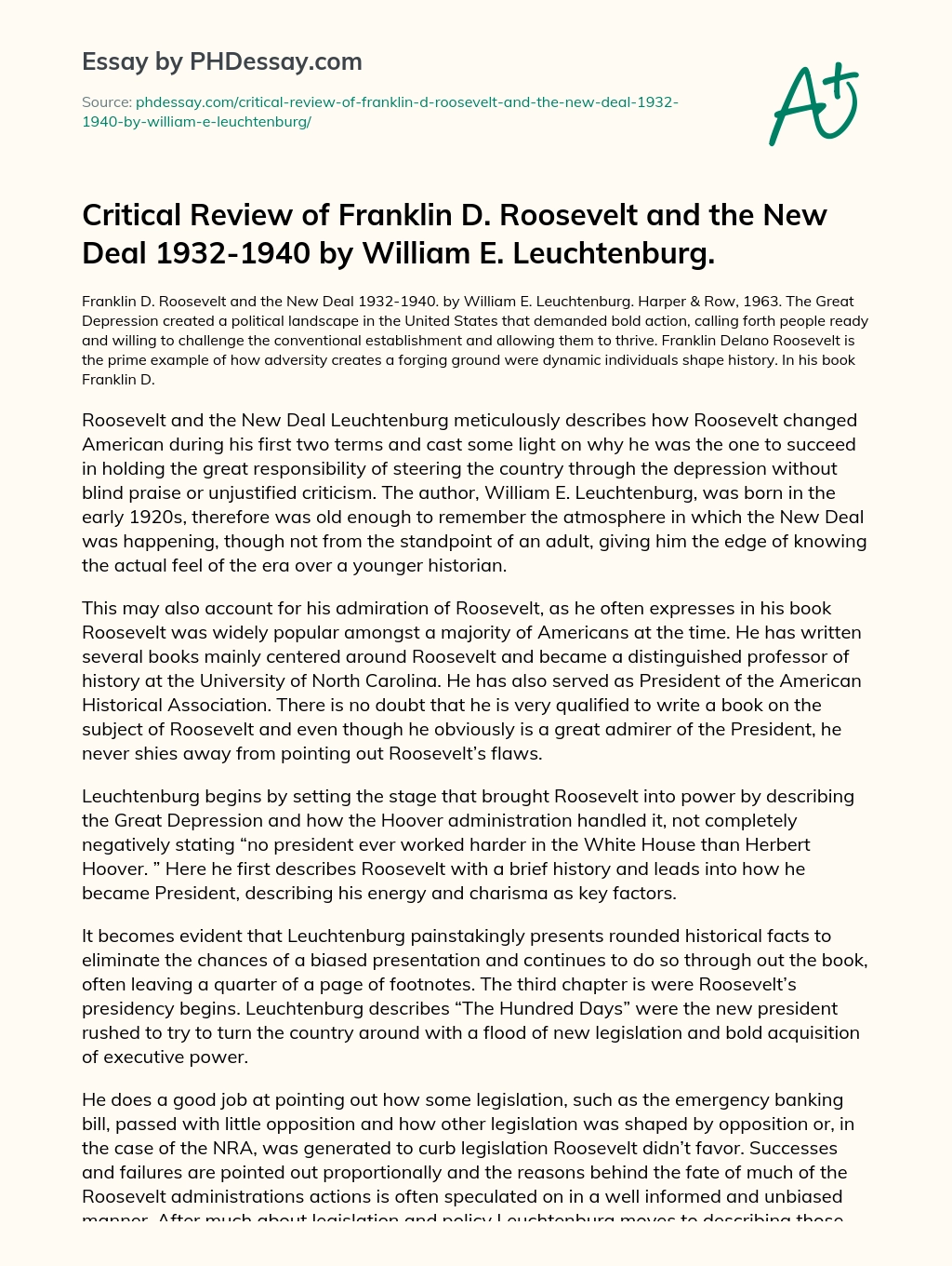 Franklin D. Roosevelt and the New Deal: A Historical Account by William E. Leuchtenburg essay