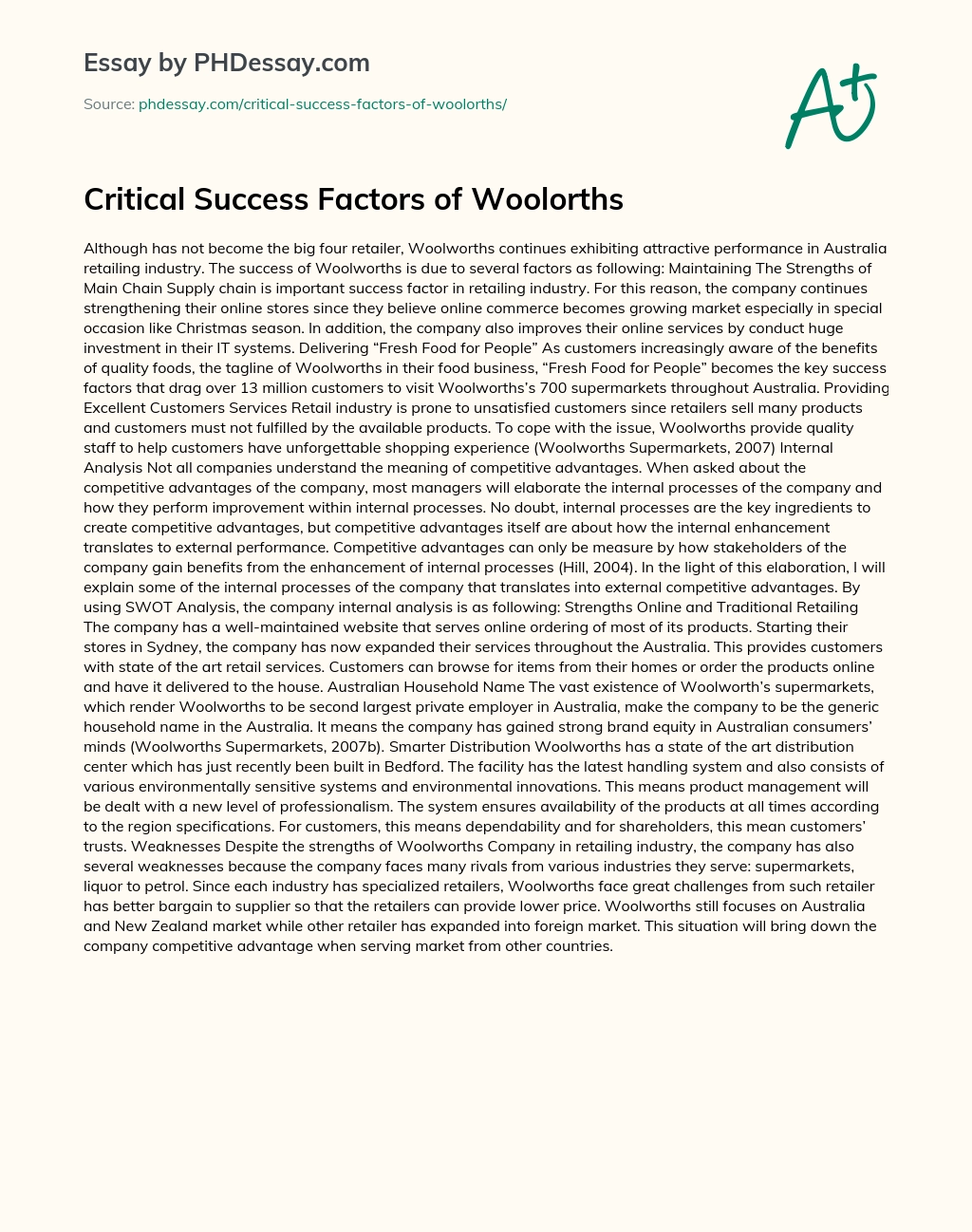 Critical Success Factors of Woolorths essay