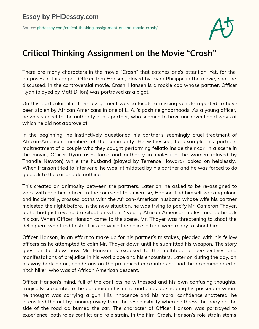 Critical Thinking Assignment on the Movie “Crash” essay