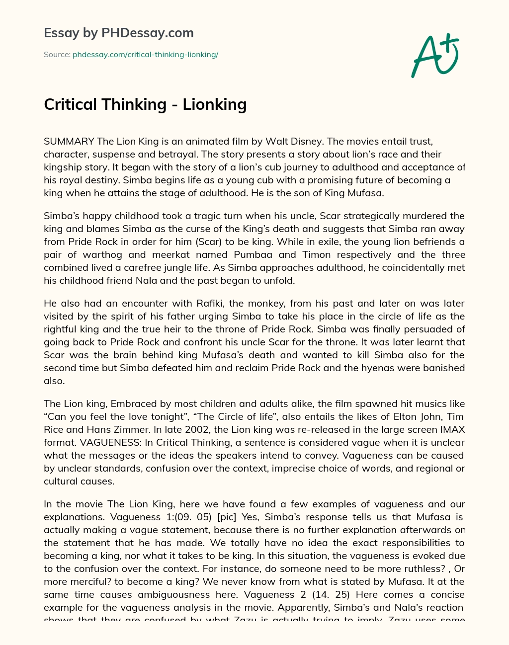 Critical Thinking – Lionking essay