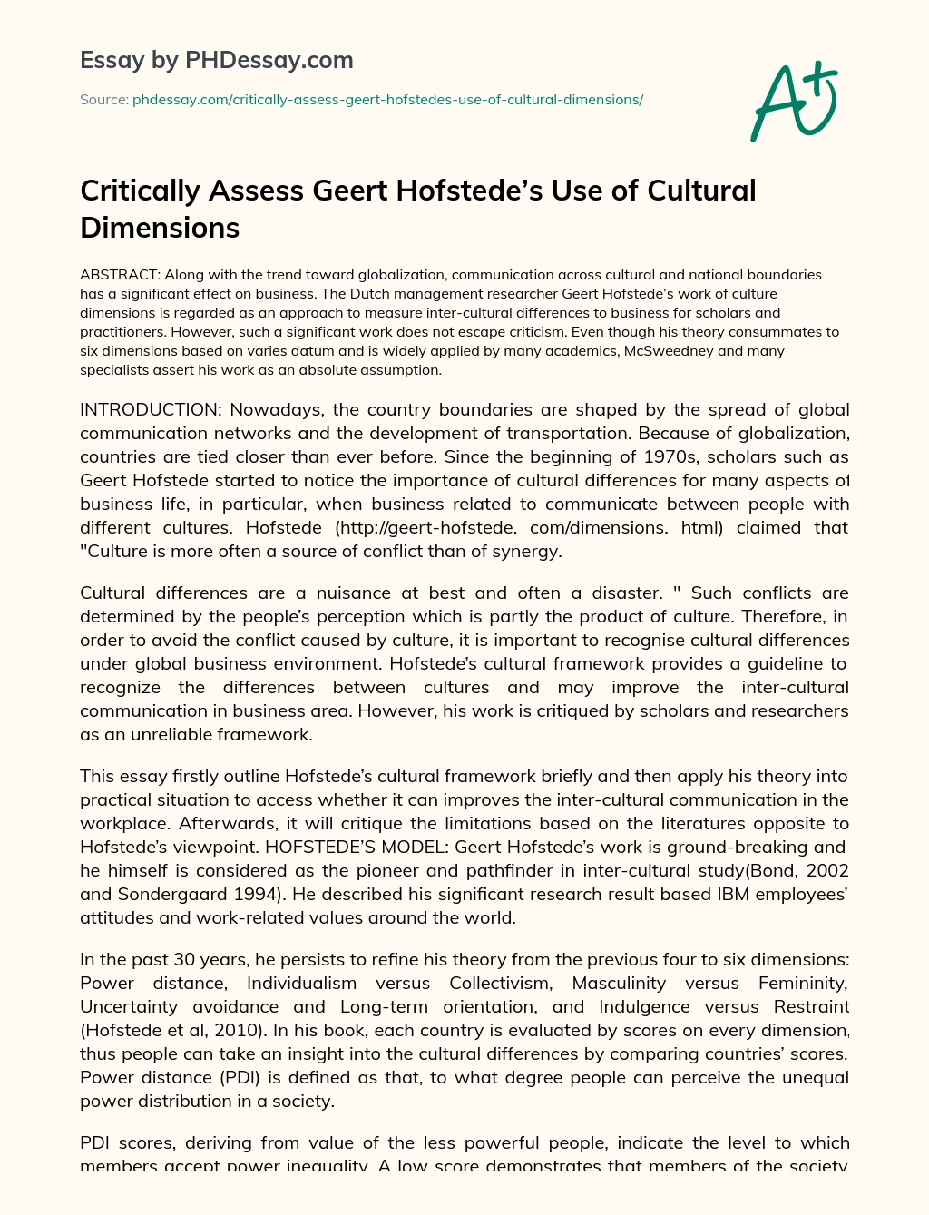 The Use of Geert Hofstede of Cultural Dimensions essay