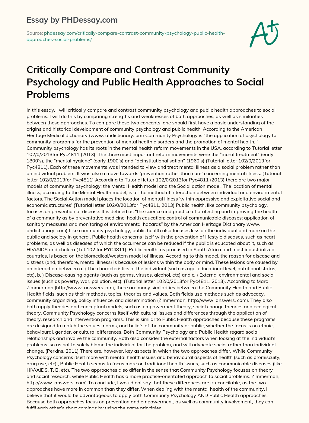 Critically Compare and Contrast Community Psychology and Public Health Approaches to Social Problems essay
