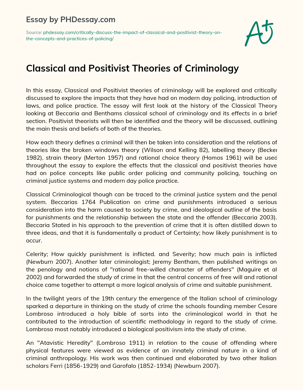 Classical and Positivist Theories of Criminology essay