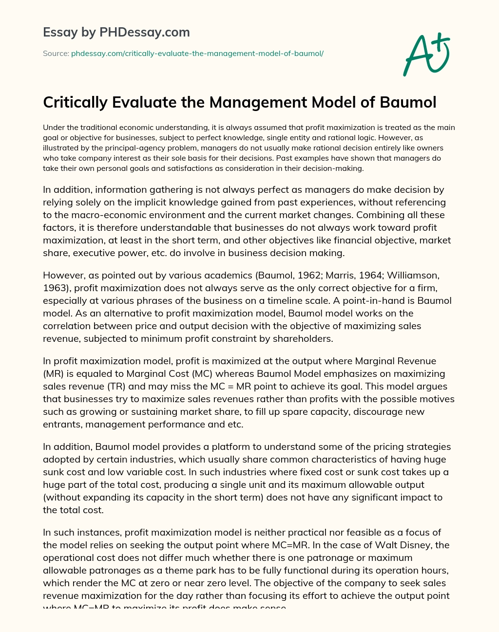 Critically Evaluate the Management Model of Baumol essay