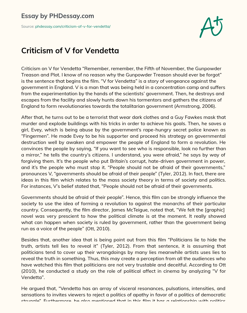 Criticism of V for Vendetta essay