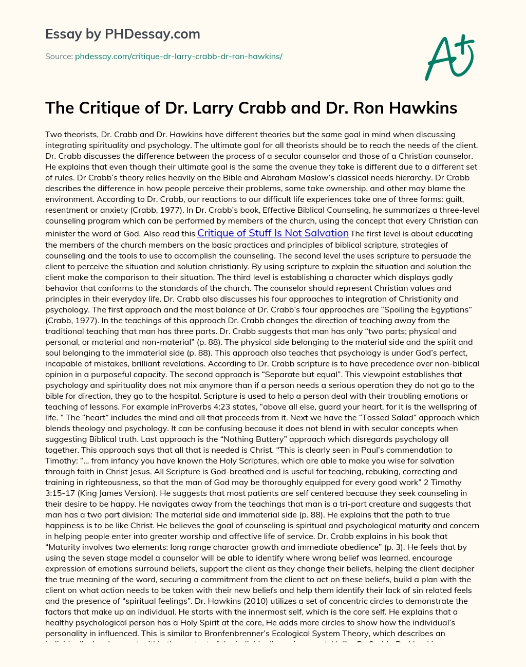 The Critique of Dr. Larry Crabb and Dr. Ron Hawkins essay