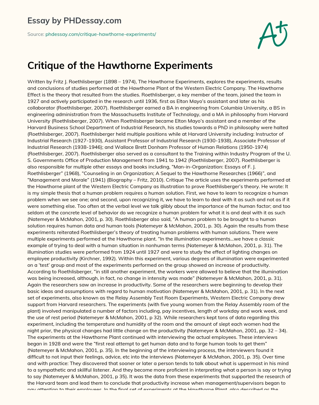 Critique of the Hawthorne Experiments essay