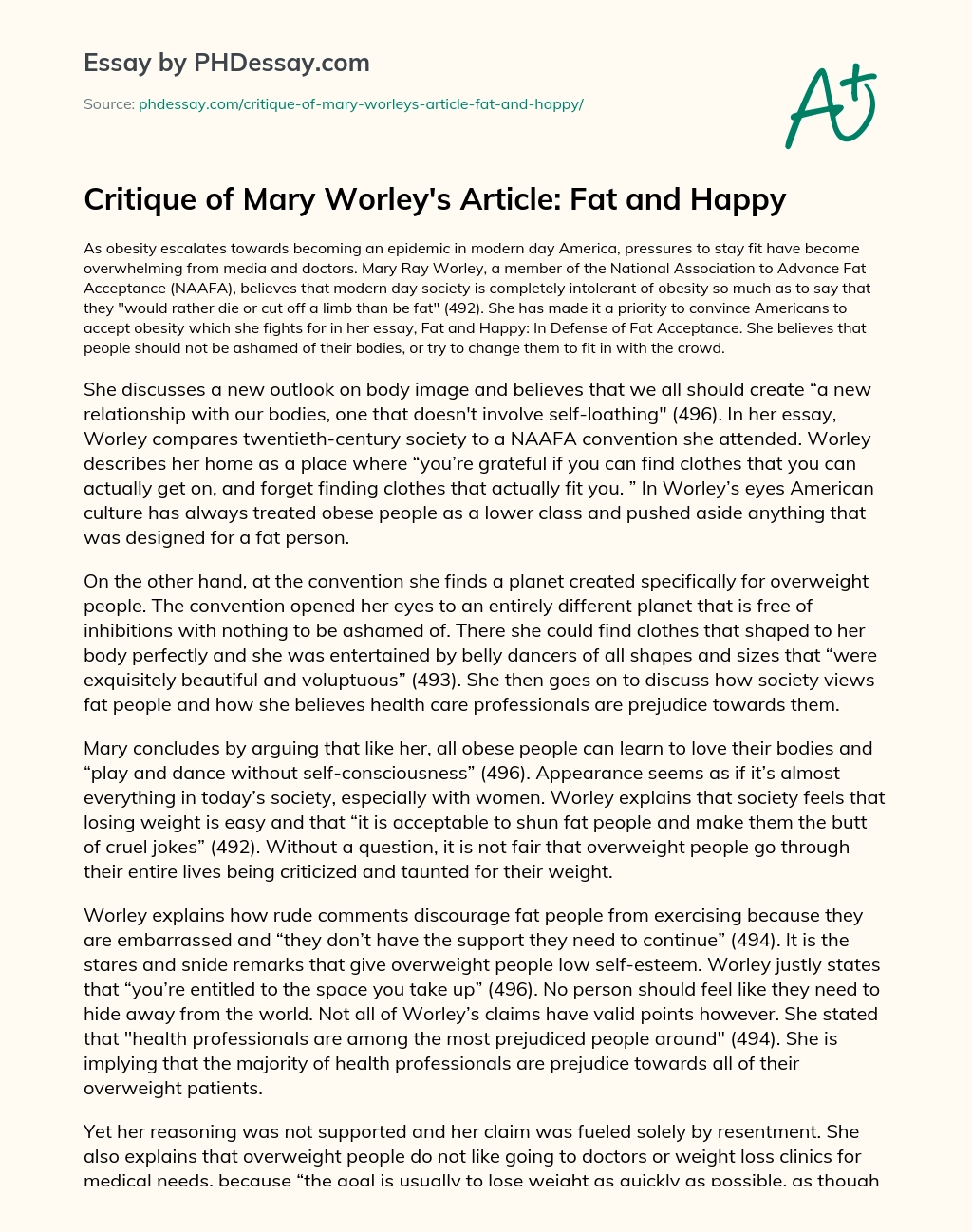 Critique of Mary Worley’s Article: Fat and Happy essay