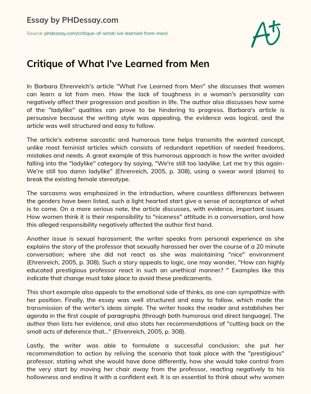 Critique of What I’ve Learned from Men essay