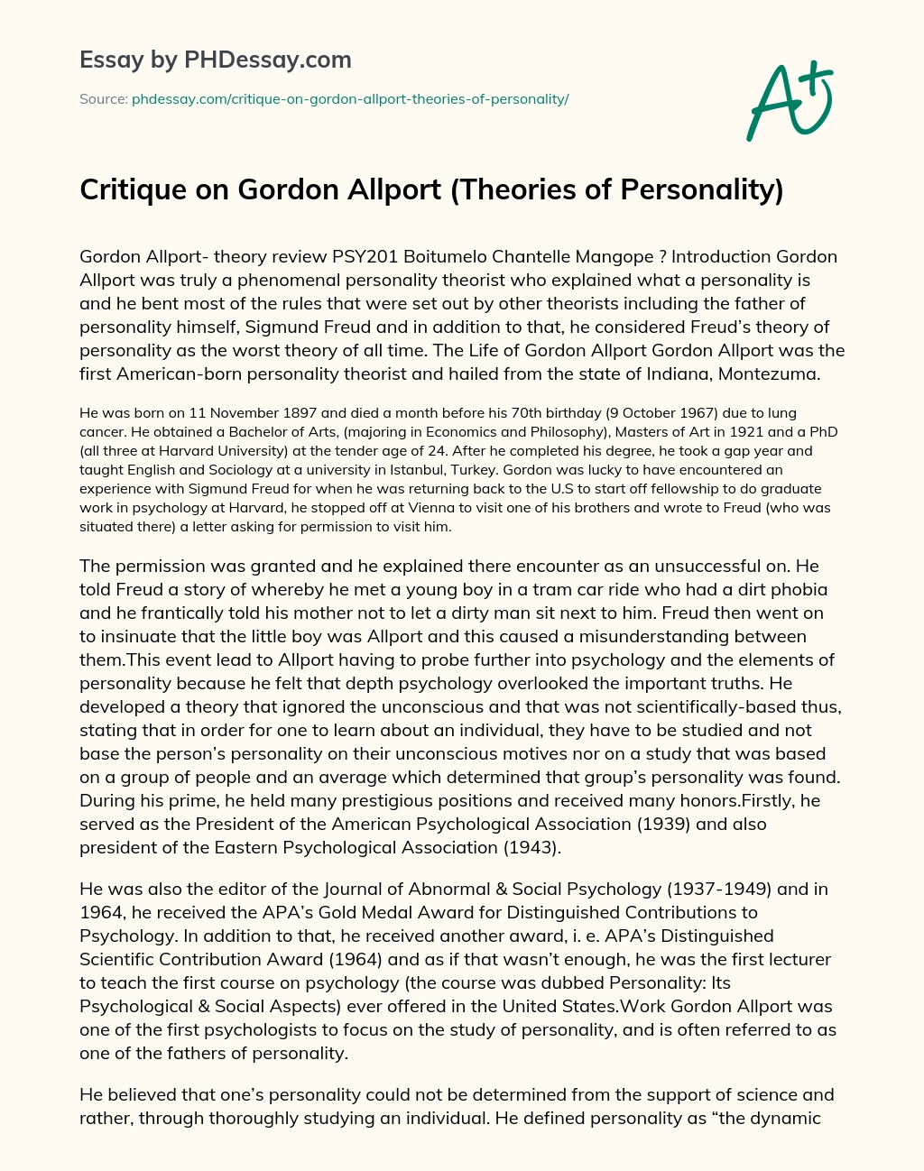 Critique on Gordon Allport (Theories of Personality) essay
