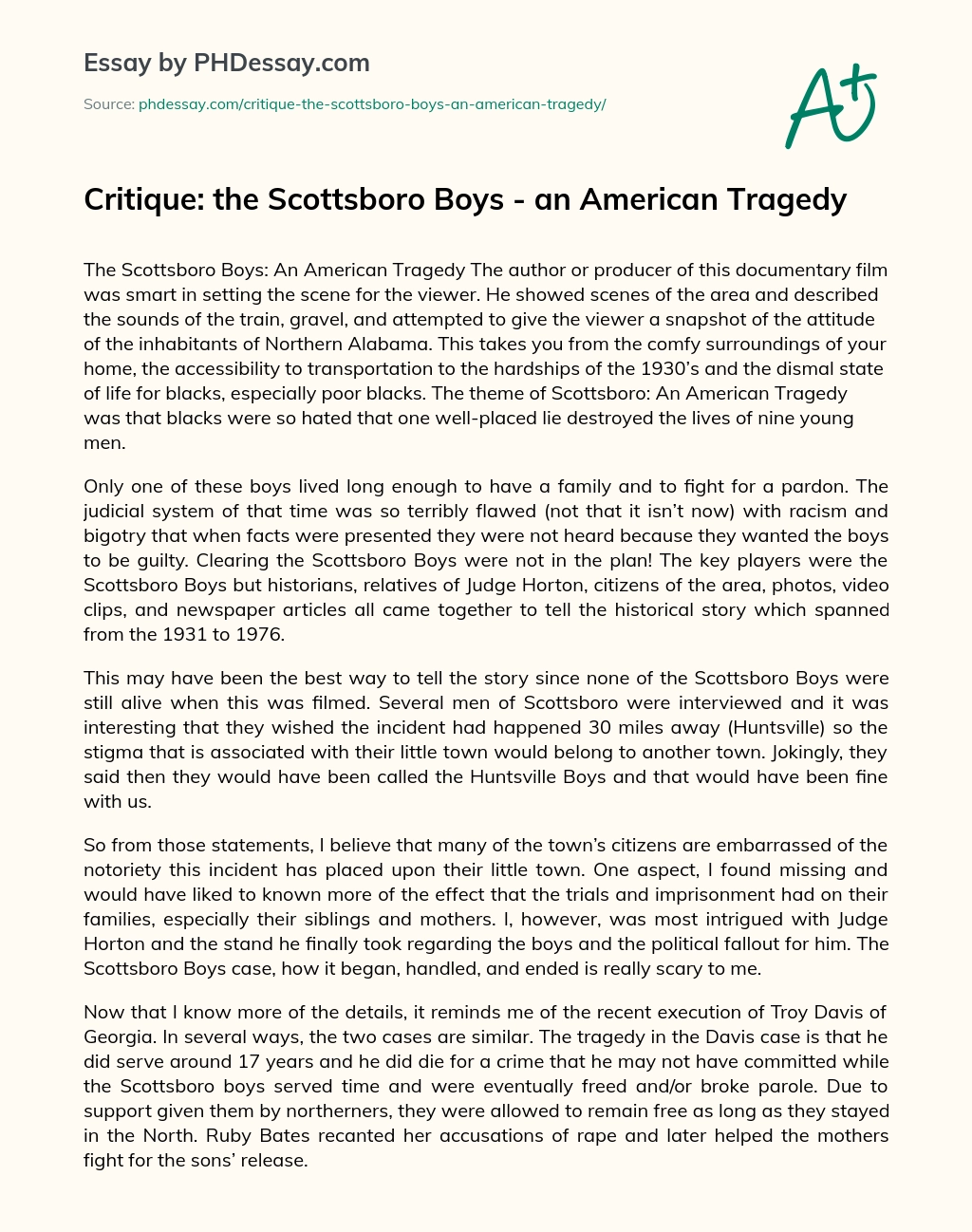 Critique: the Scottsboro Boys – an American Tragedy essay