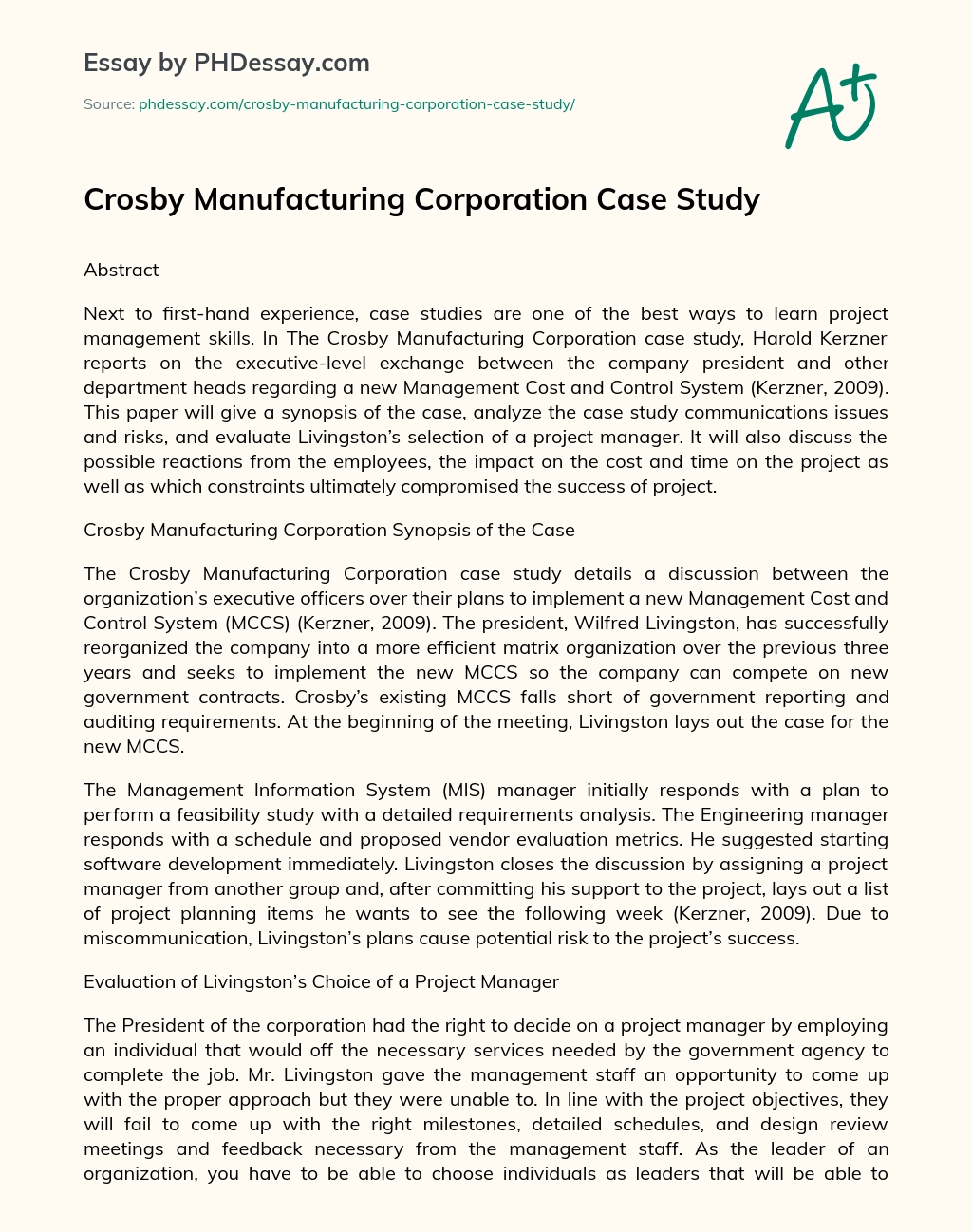 Crosby Manufacturing Corporation Case Study essay