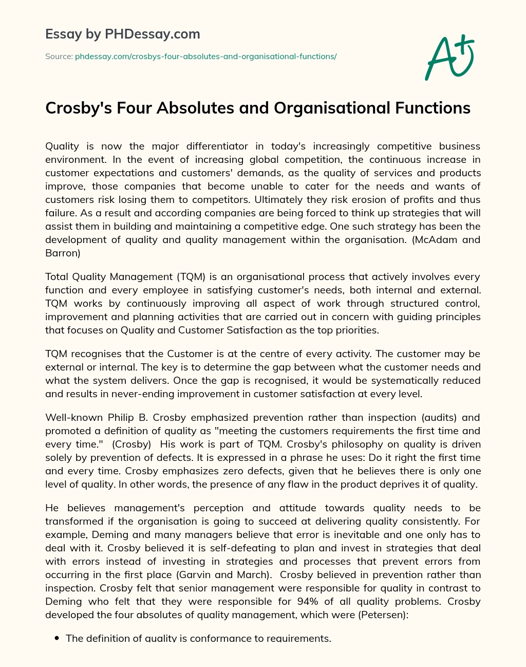 Crosby’s Four Absolutes and Organisational Functions essay