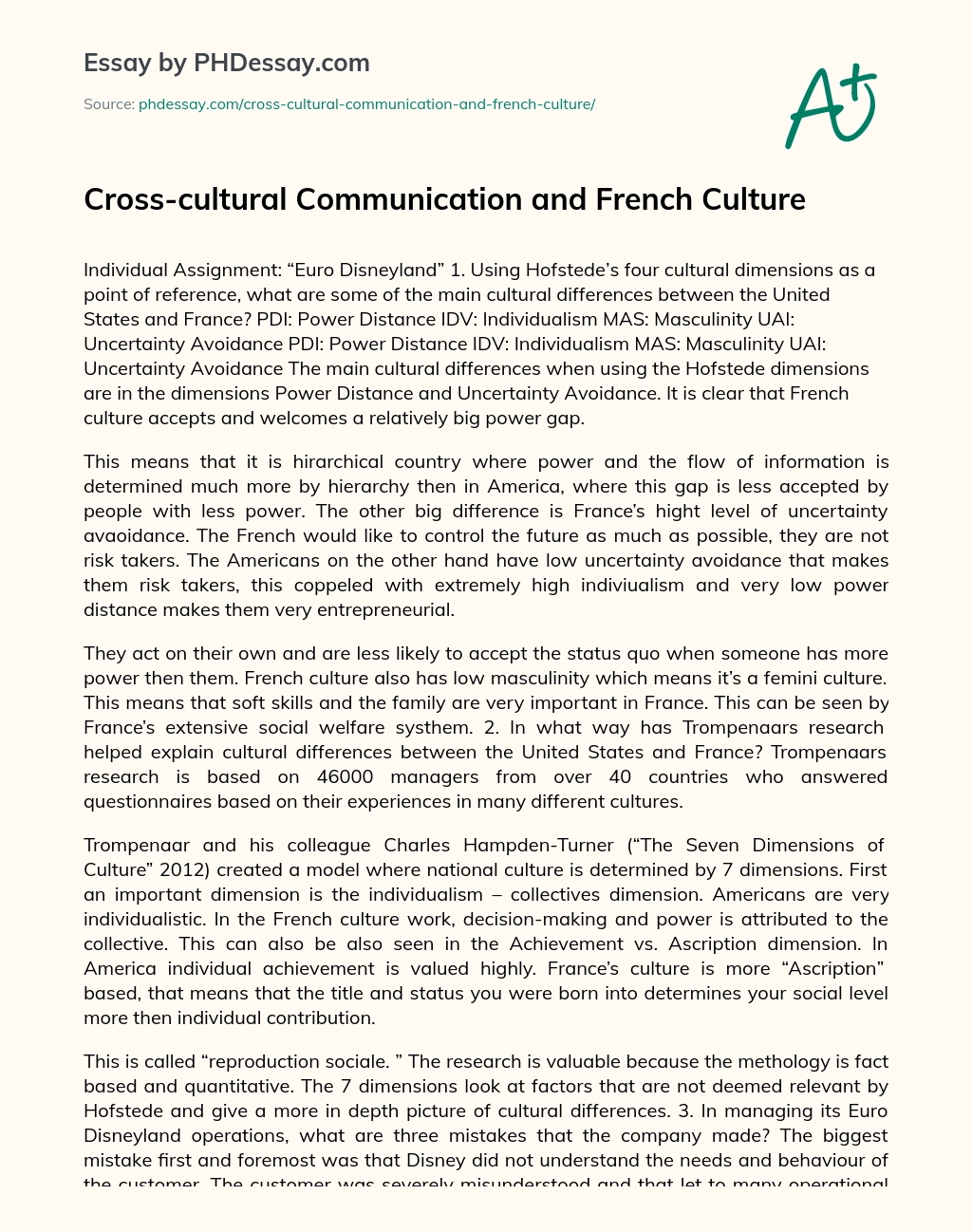 Cross-cultural Communication and French Culture essay
