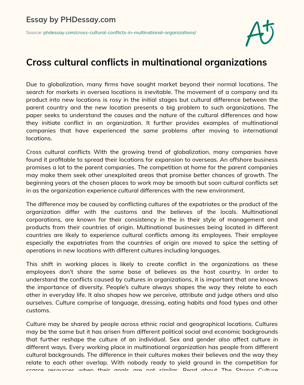 Cross cultural conflicts in multinational organizations essay