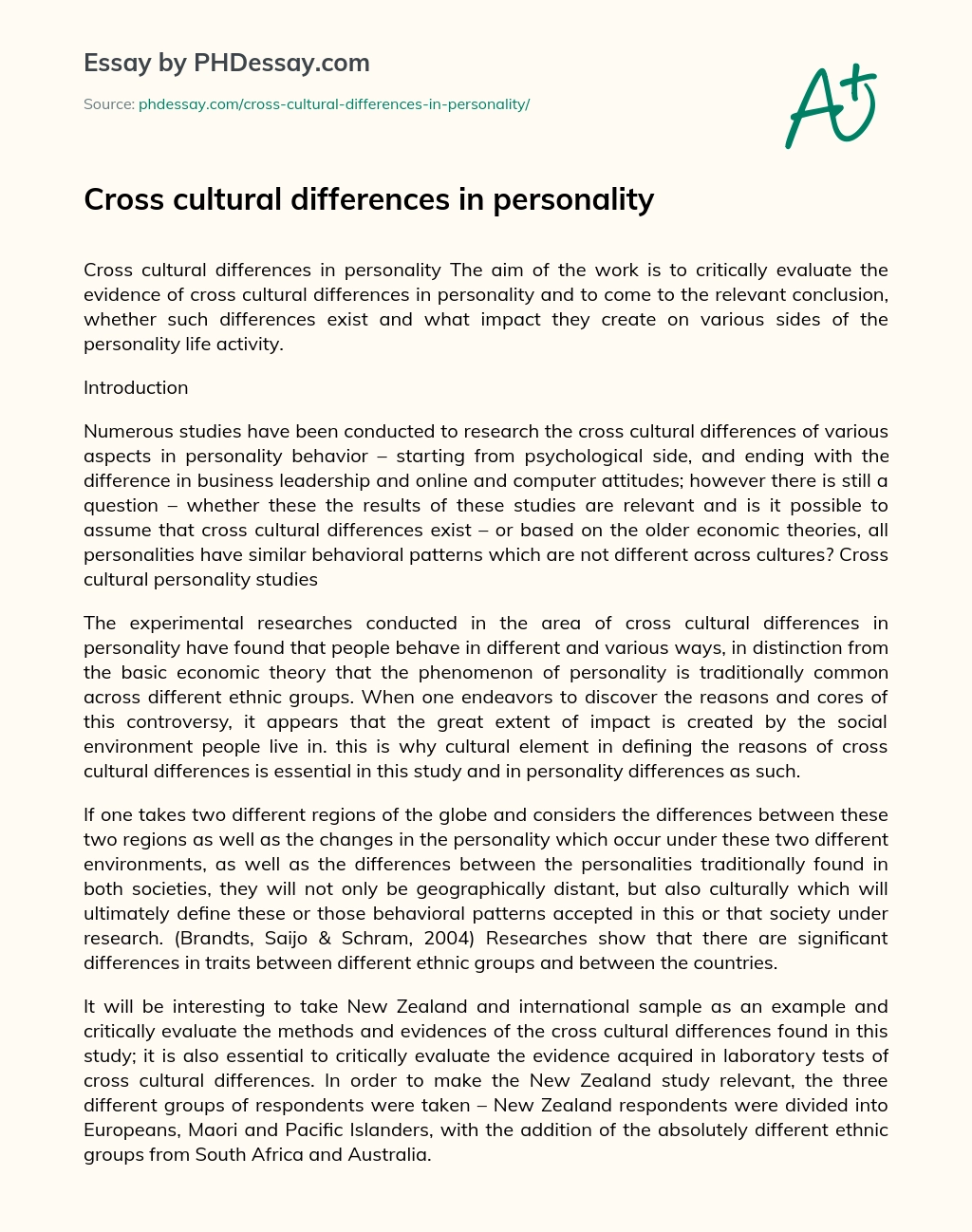 Cross cultural differences in personality essay