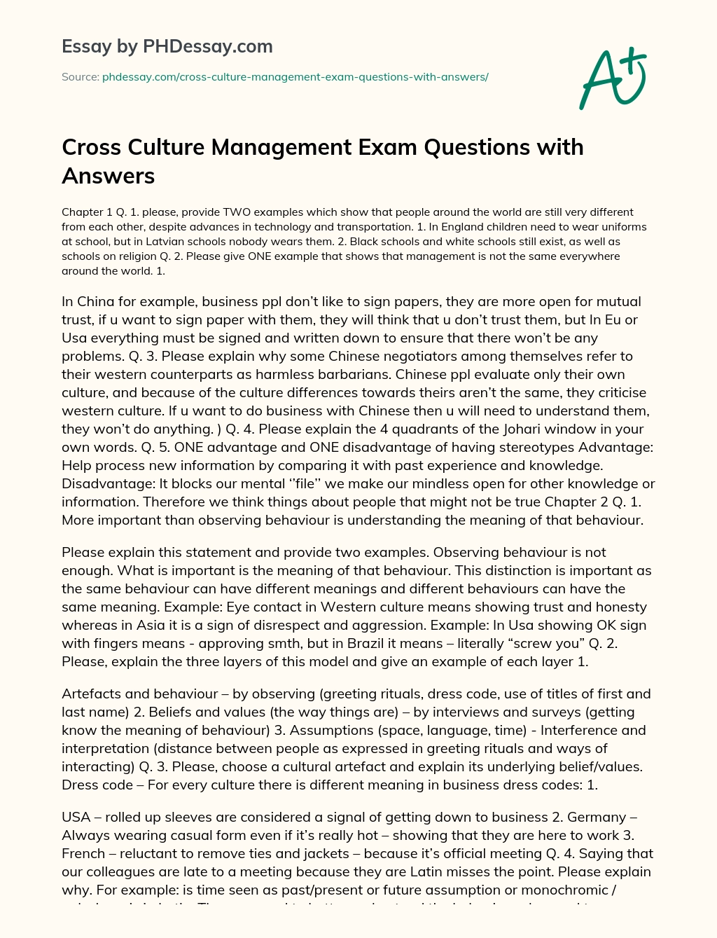 Cross Culture Management Exam Questions with Answers essay