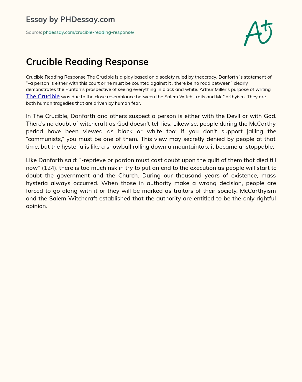 Crucible Reading Response essay