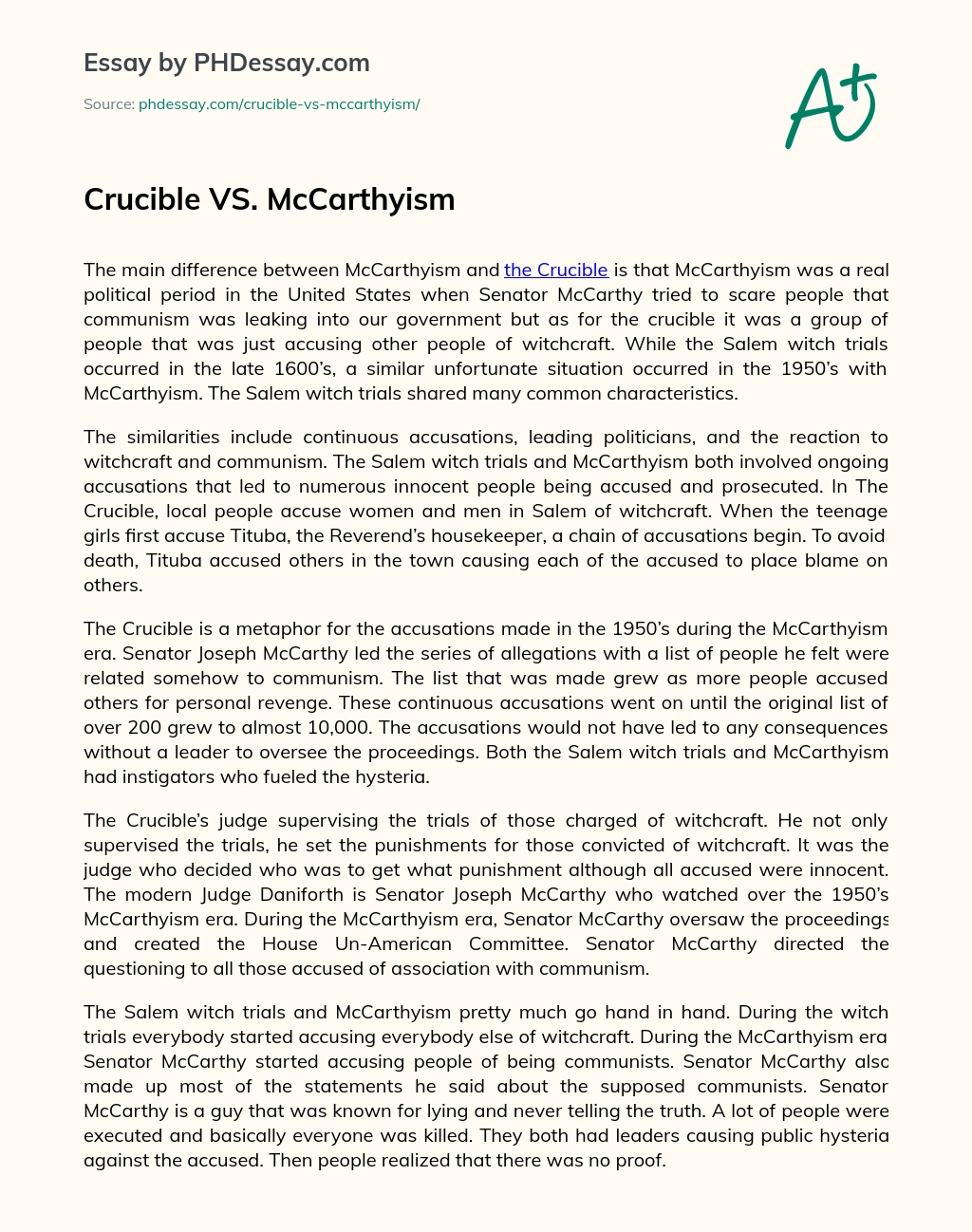 essay on the crucible and mccarthyism