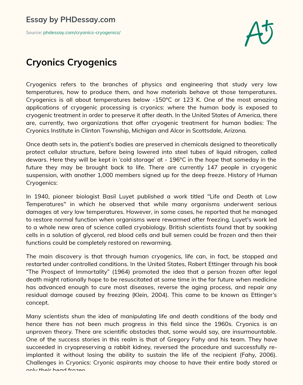 Cryonics Cryogenics essay