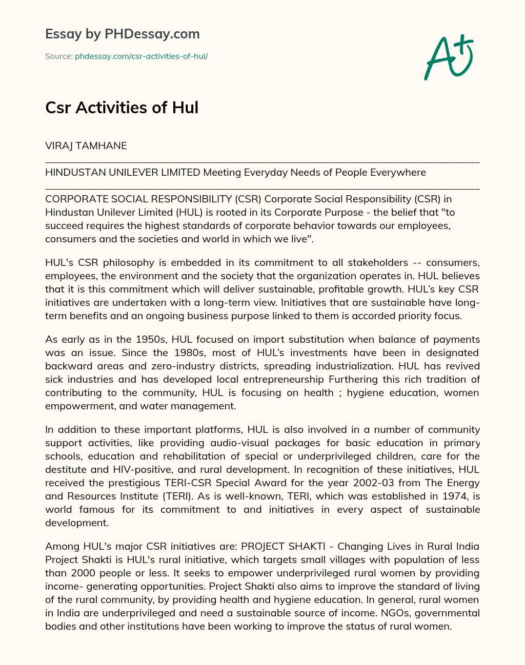 Csr Activities of Hul essay