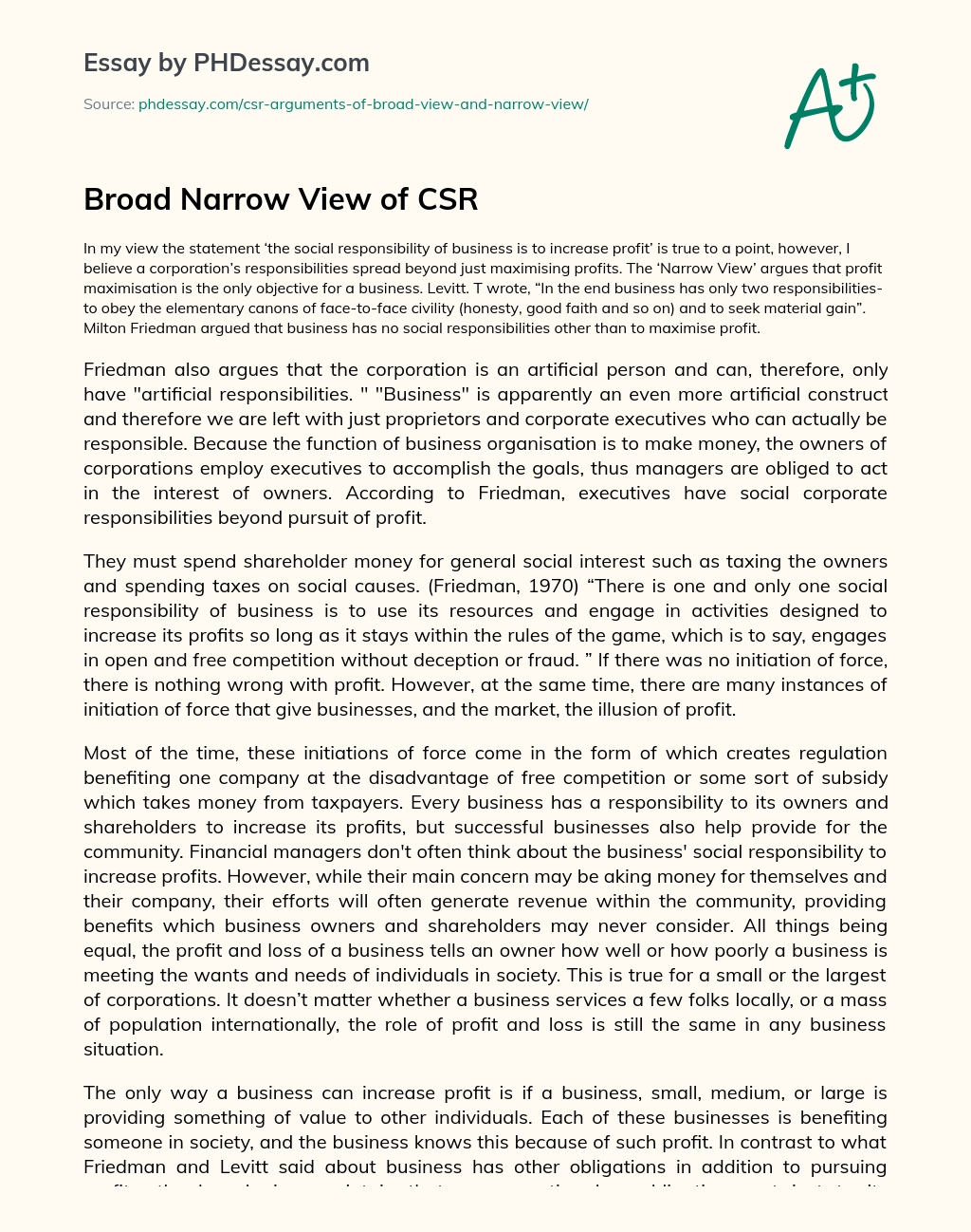 Broad Narrow View of CSR essay