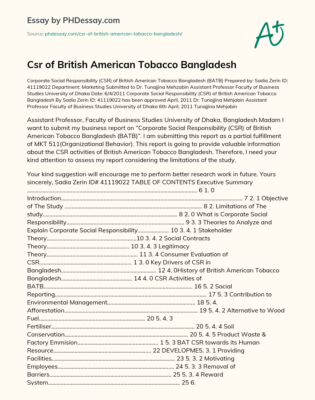 Csr of British American Tobacco Bangladesh essay