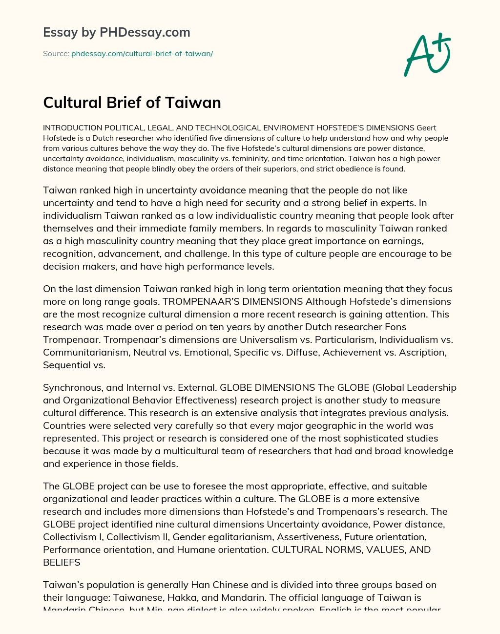 Cultural Brief of Taiwan essay