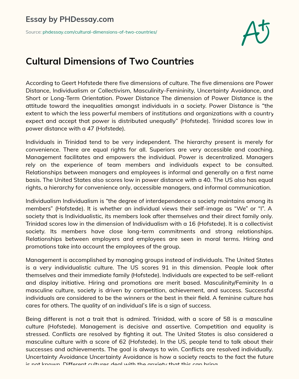 Cultural Dimensions of Two Countries essay
