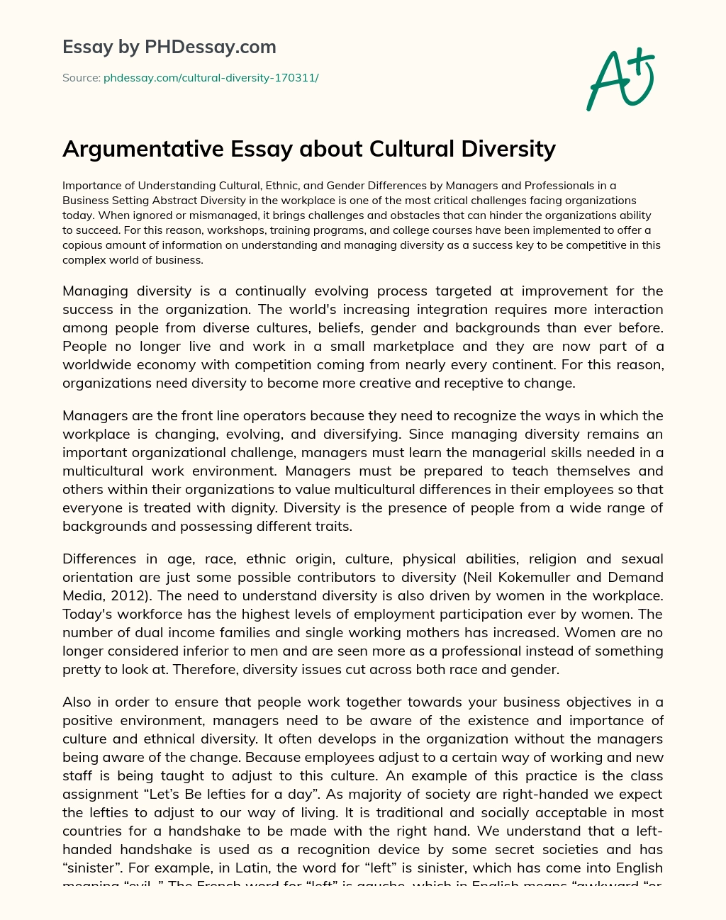 Argumentative Essay about Cultural Diversity essay
