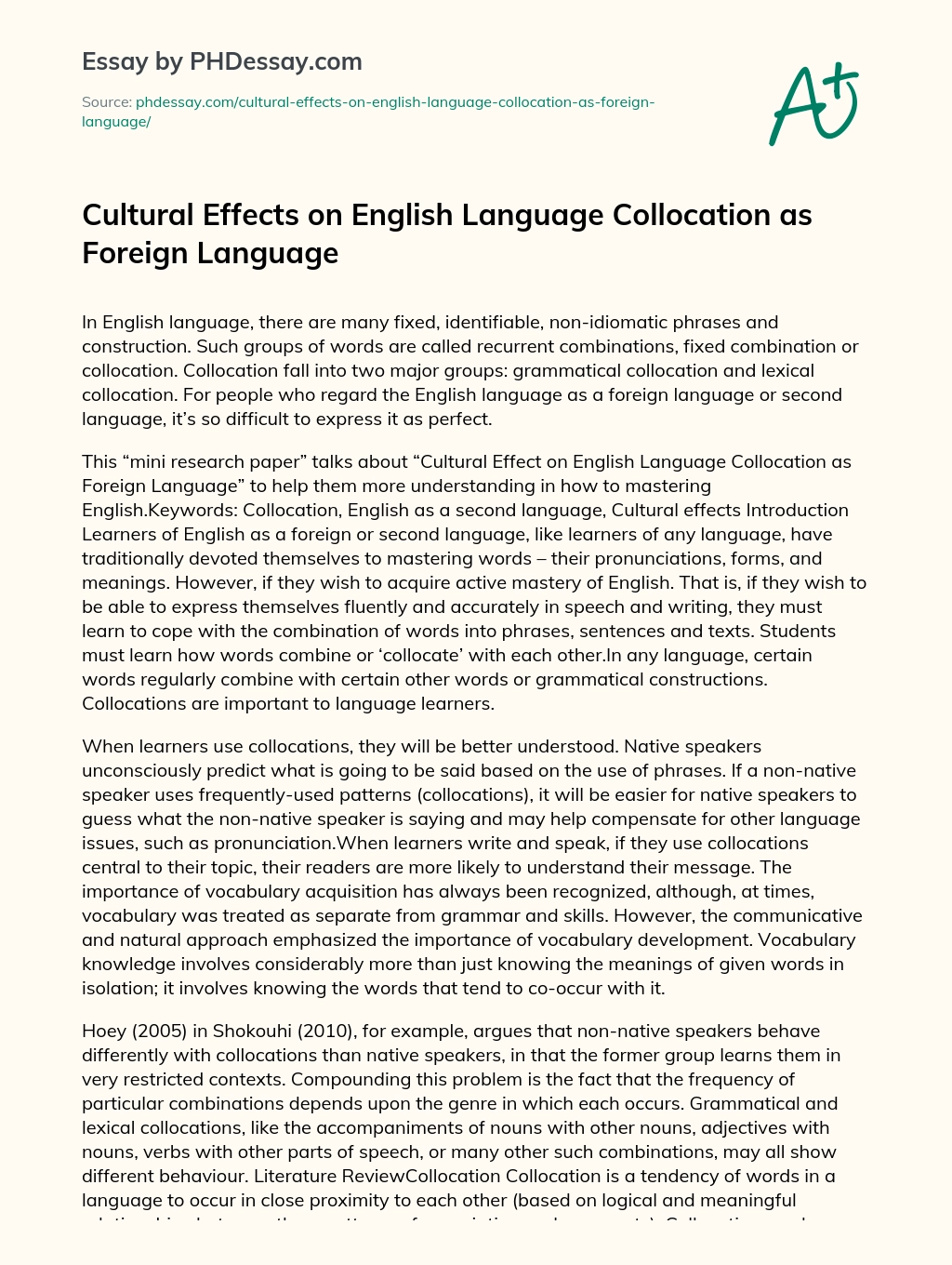 Cultural Effects on English Language Collocation as Foreign Language essay