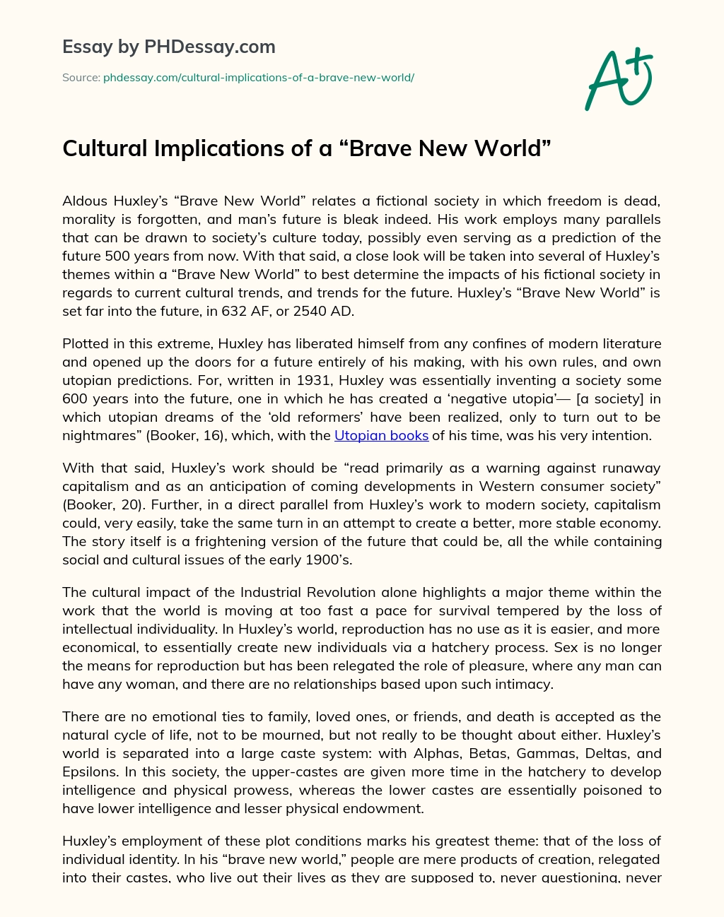 Cultural Implications of a “Brave New World” essay