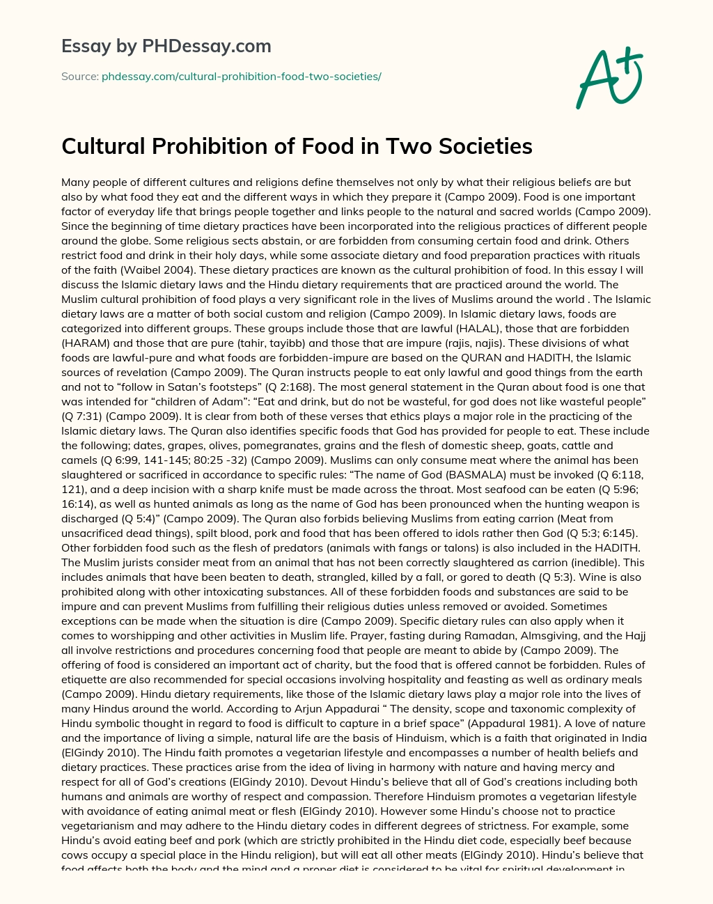 Cultural Prohibition of Food in Two Societies essay