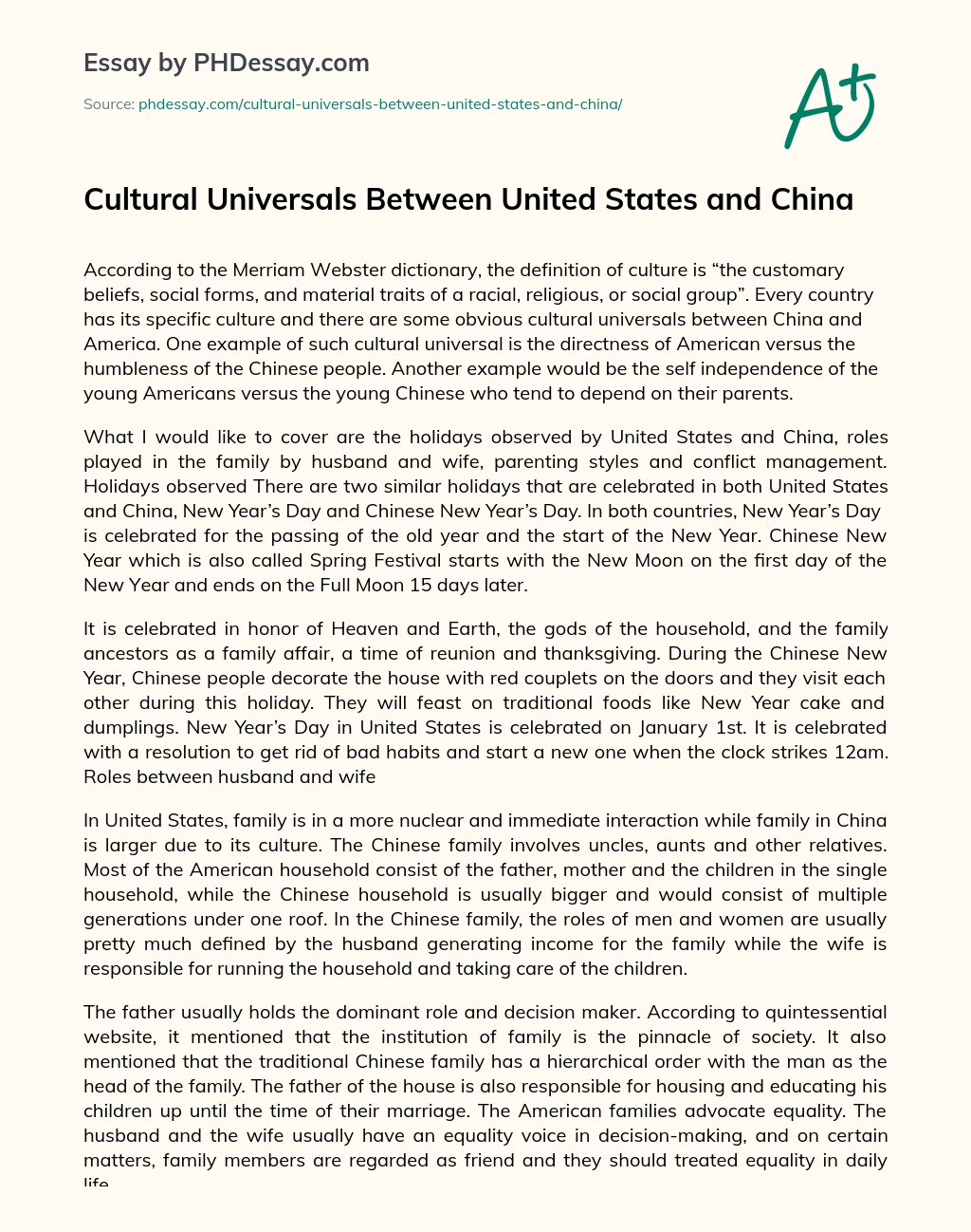 Cultural Universals Between United States and China essay