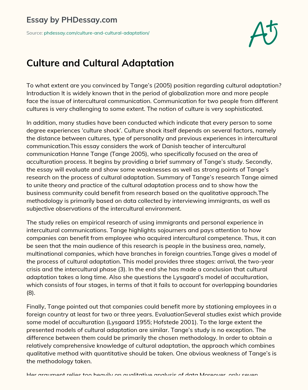 Culture and Cultural Adaptation essay