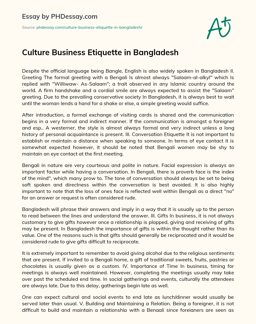Culture Business Etiquette in Bangladesh essay