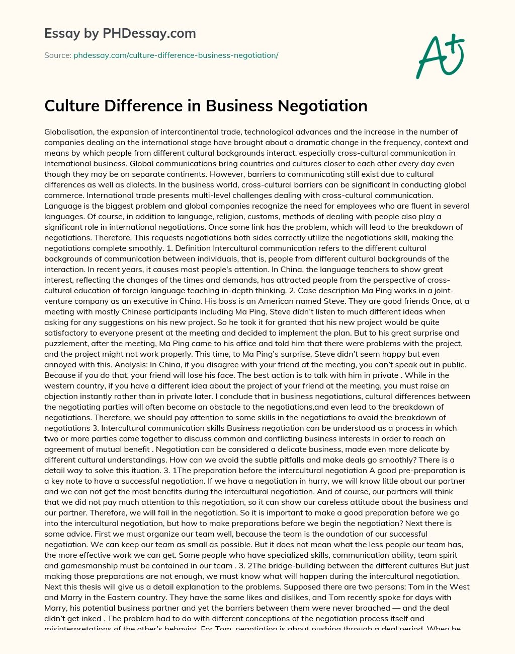 Culture Difference in Business Negotiation essay
