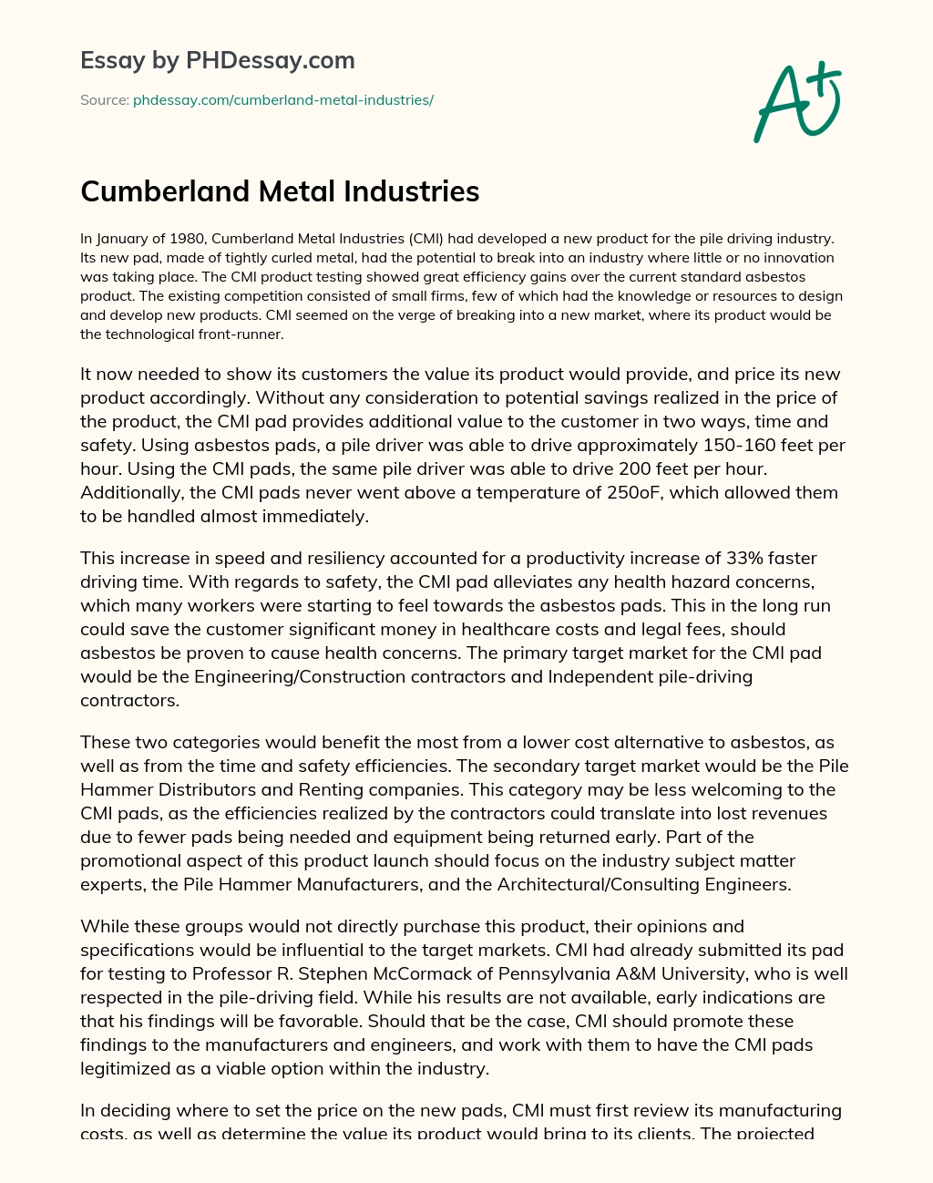 Cumberland Metal Industries essay