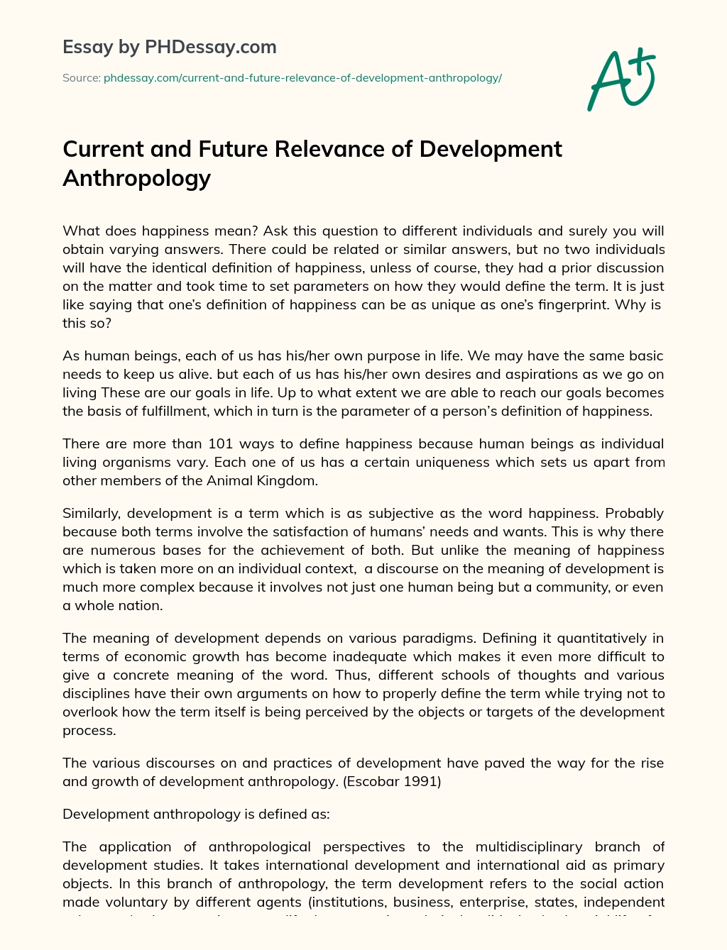Current and Future Relevance of Development Anthropology essay