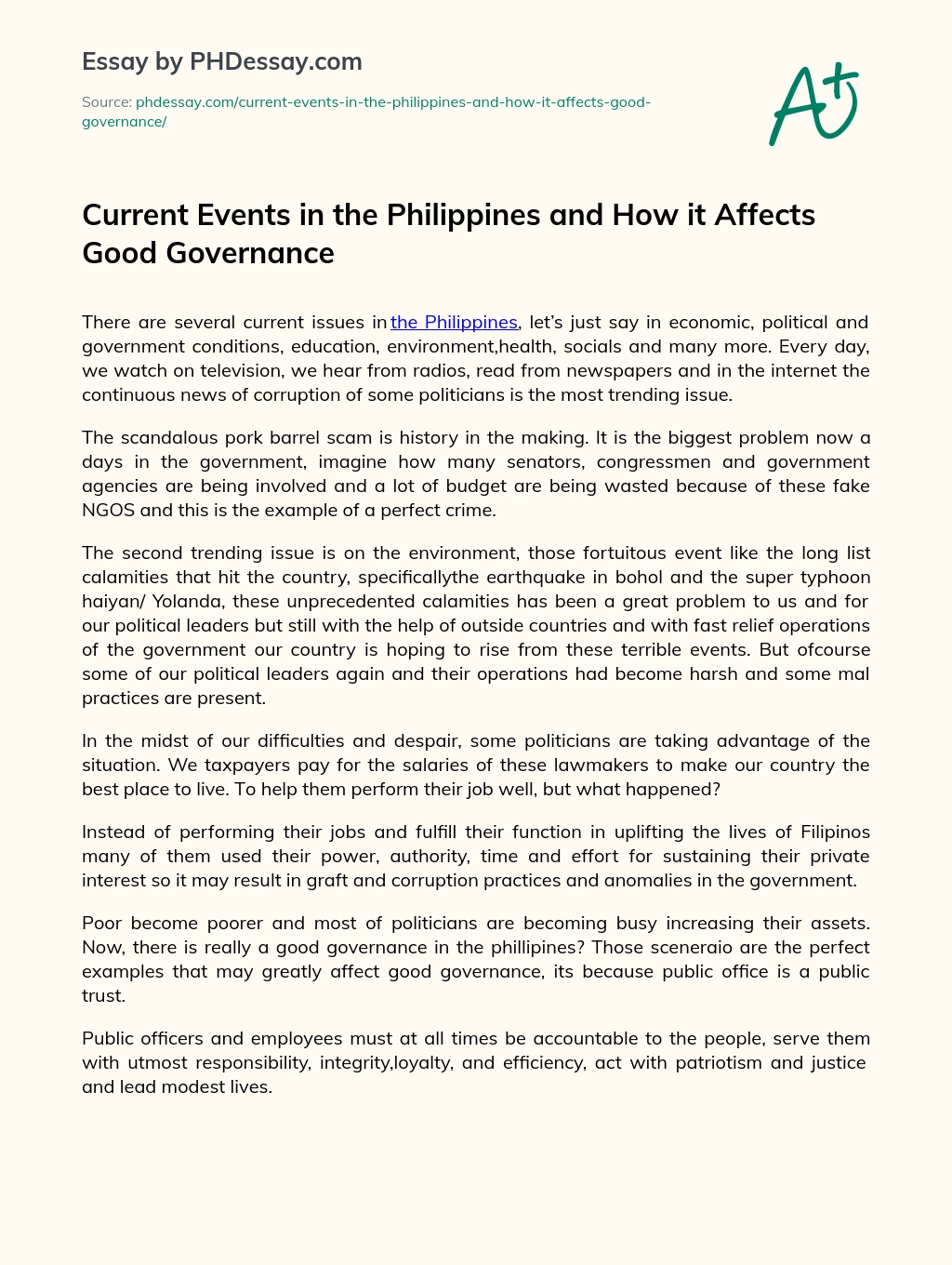 Current Events in the Philippines and How it Affects Good Governance essay