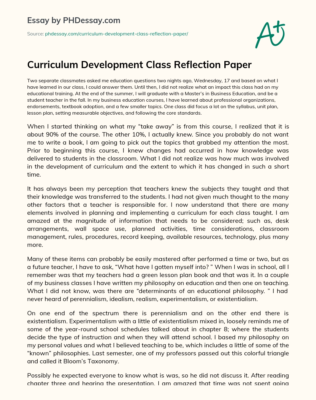 Curriculum Development Class Reflection Paper essay