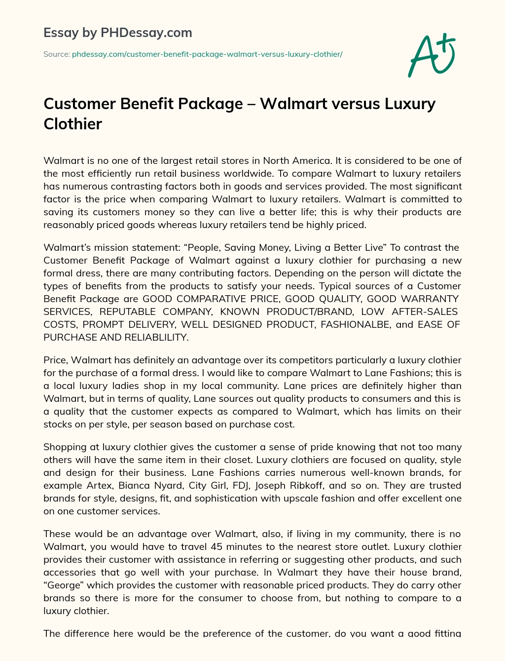 Customer Benefit Package – Walmart versus Luxury Clothier essay